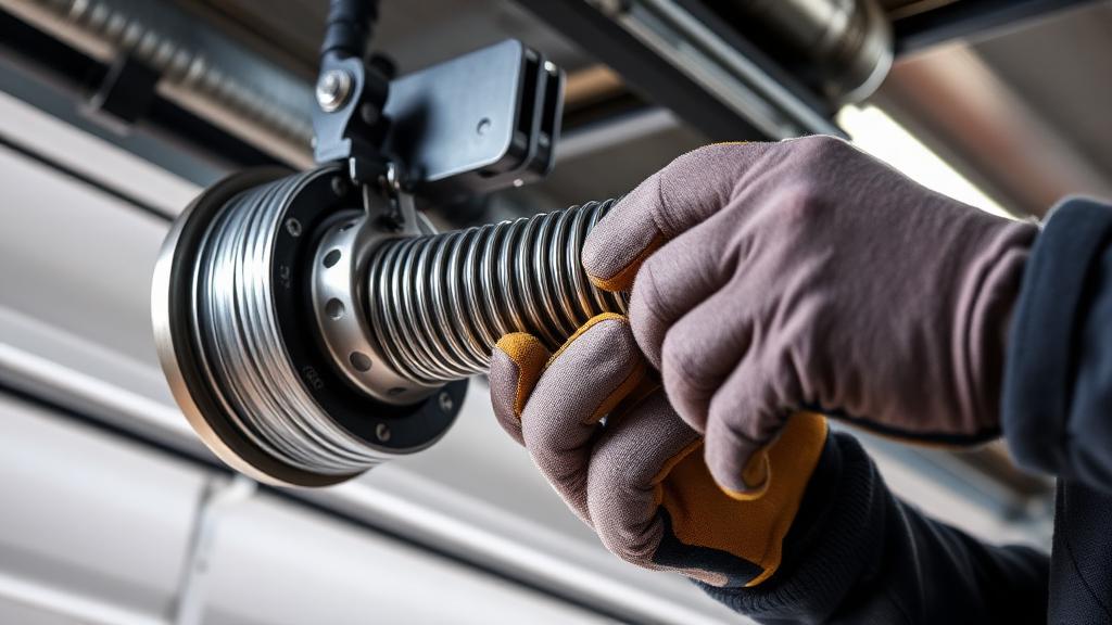 Professional technician repairing garage door cable and spring mechanism
