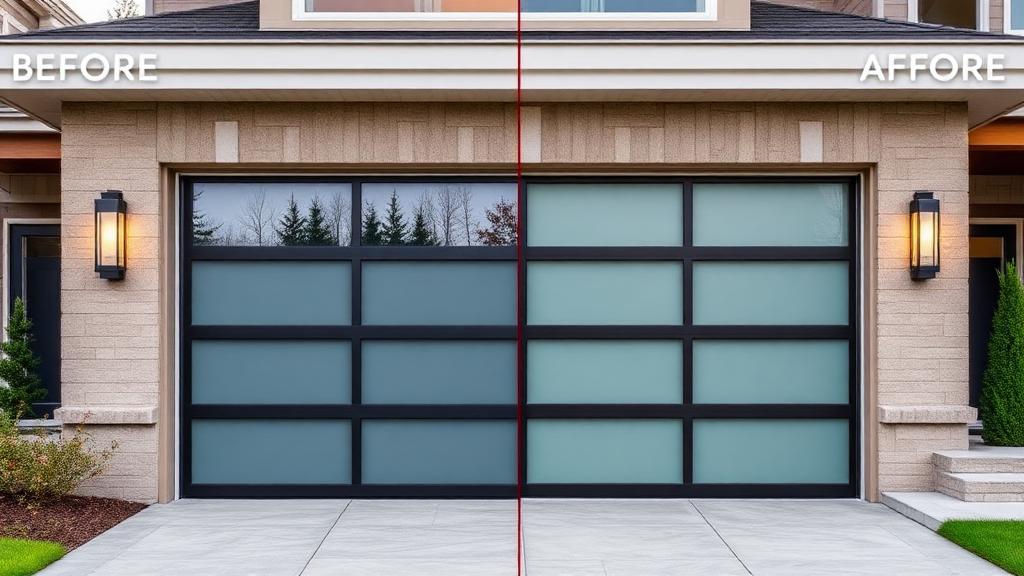 Contemporary aluminum garage door with glass panels improving home curb appeal