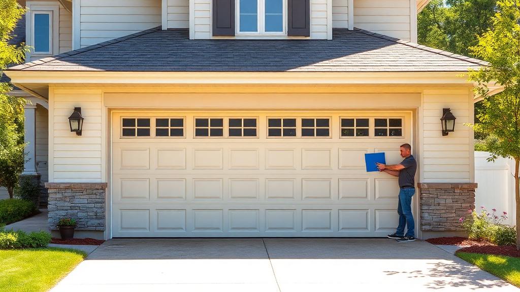 Homeowner performing summer maintenance inspection on residential garage door