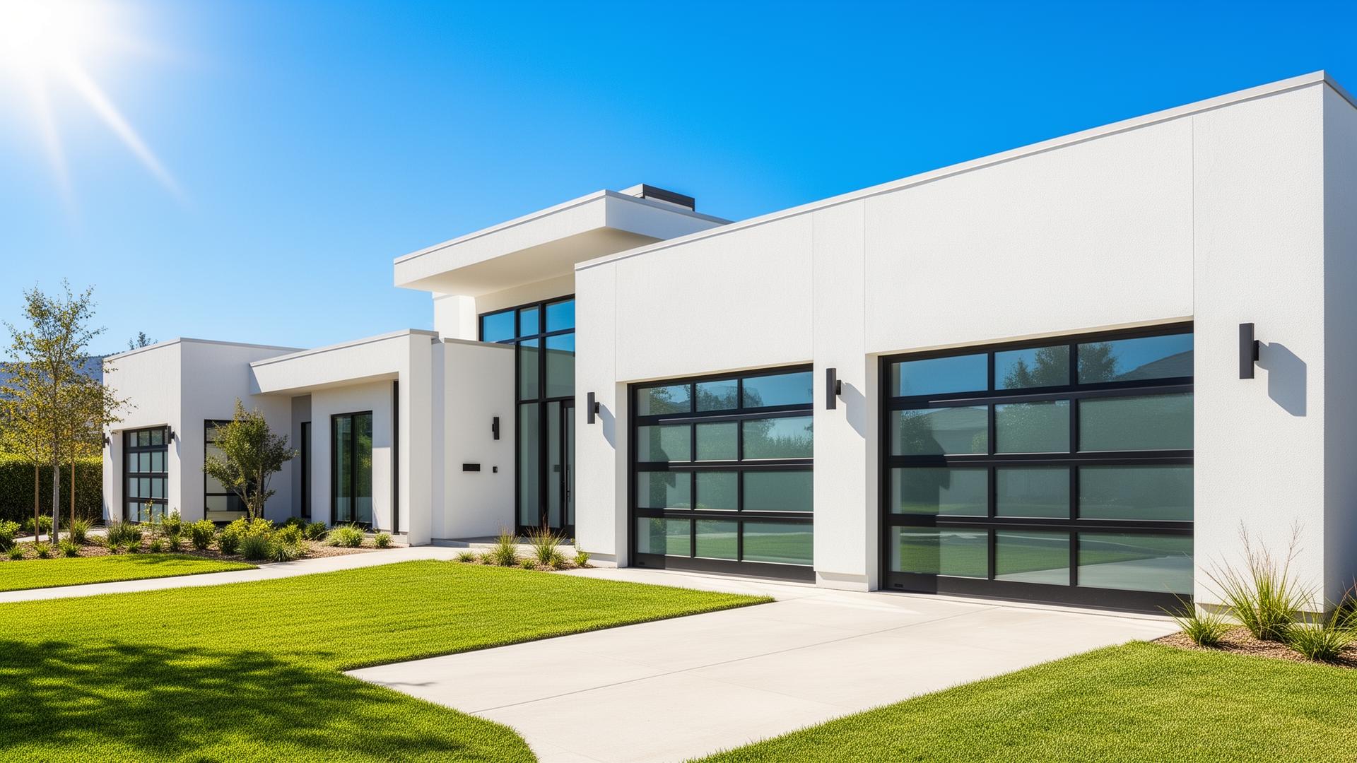 Modern contemporary home with aluminum glass panel garage doors in Sterling, Ohio